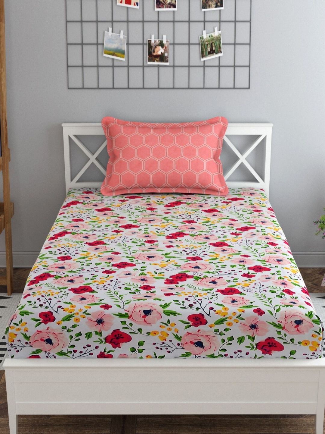 

MAFATLAL Luxe-Single Collection Pink Floral Printed Microfiber 120 TC Single Bedsheet Set, Cream