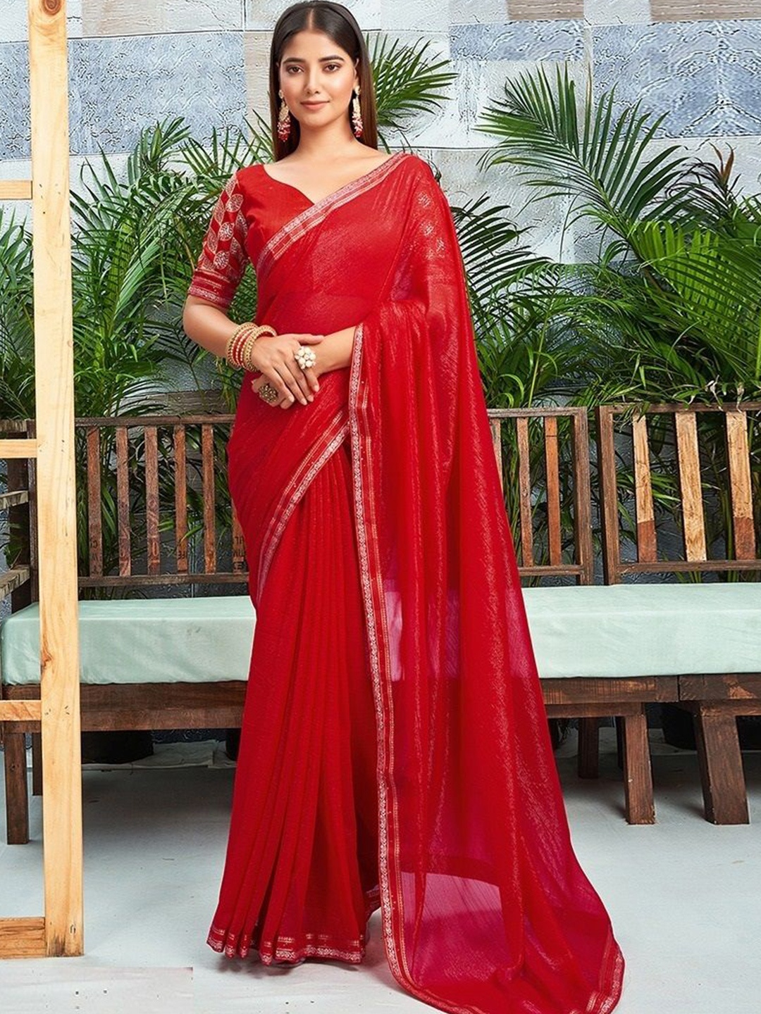 

Styleveda Poly Georgette Chanderi Saree, Red