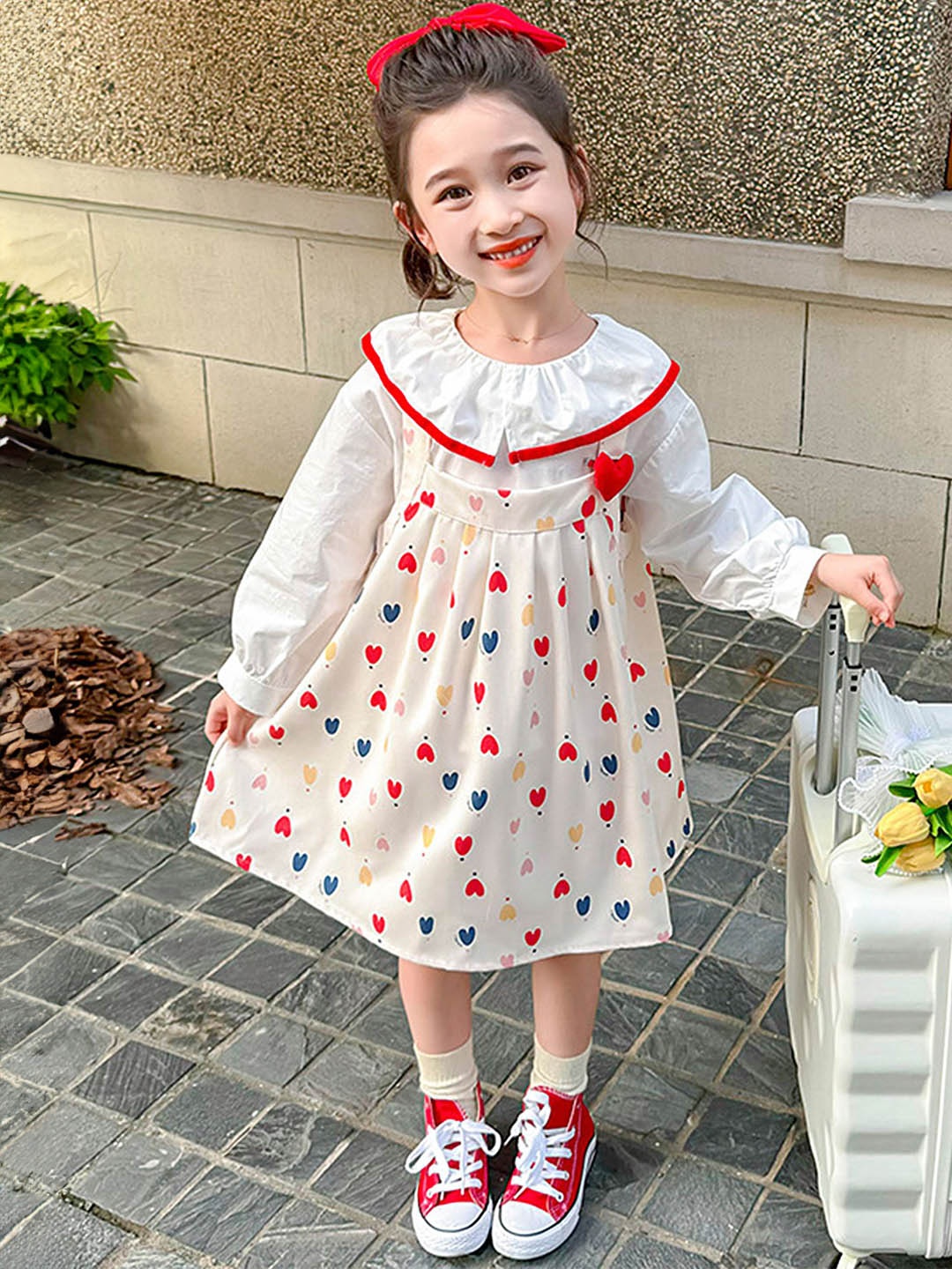 

LULU & SKY Girls Graphic Printed Sleeveless Pinafore Dress With Top, Off white