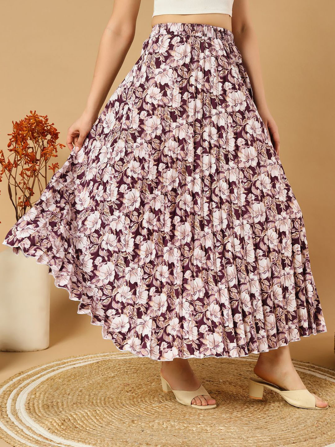 

ZWERLON Women Floral Printed & Pleated Maxi Skirt, Purple