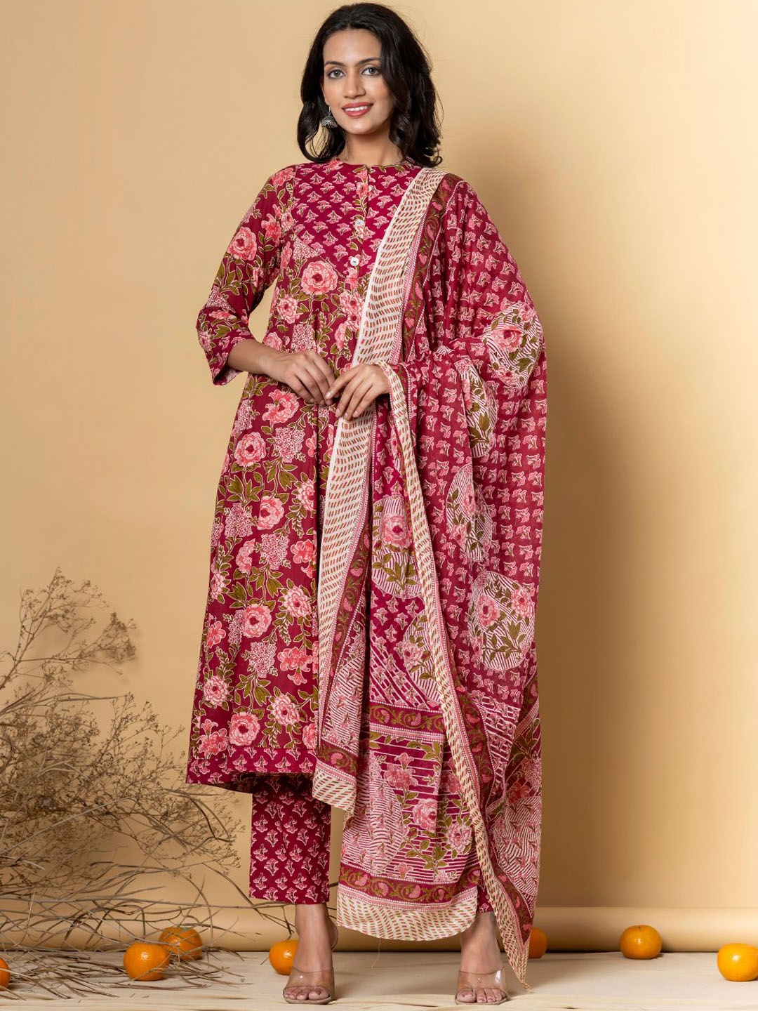 

Readiprint Floral Printed Panelled Cotton Anarkali Kurta With Palazzos & Dupatta, Pink