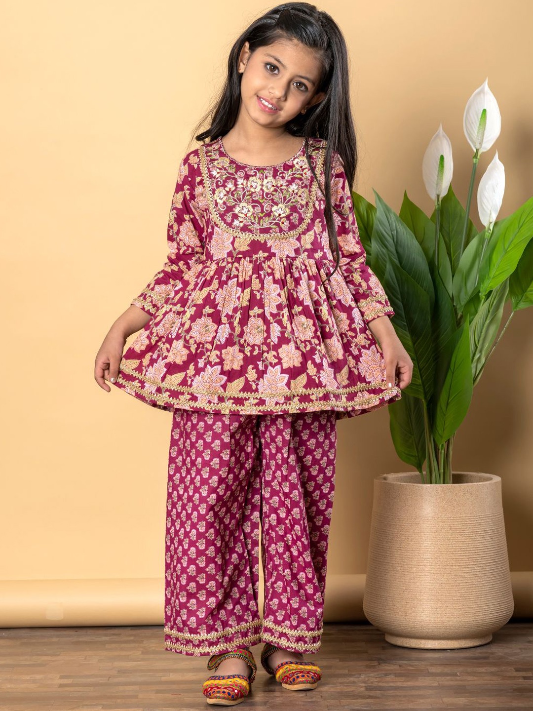 

Readiprint Fashions Girls Floral Printed Pleated Pure Cotton Anarkali Kurta With Palazzos, Burgundy