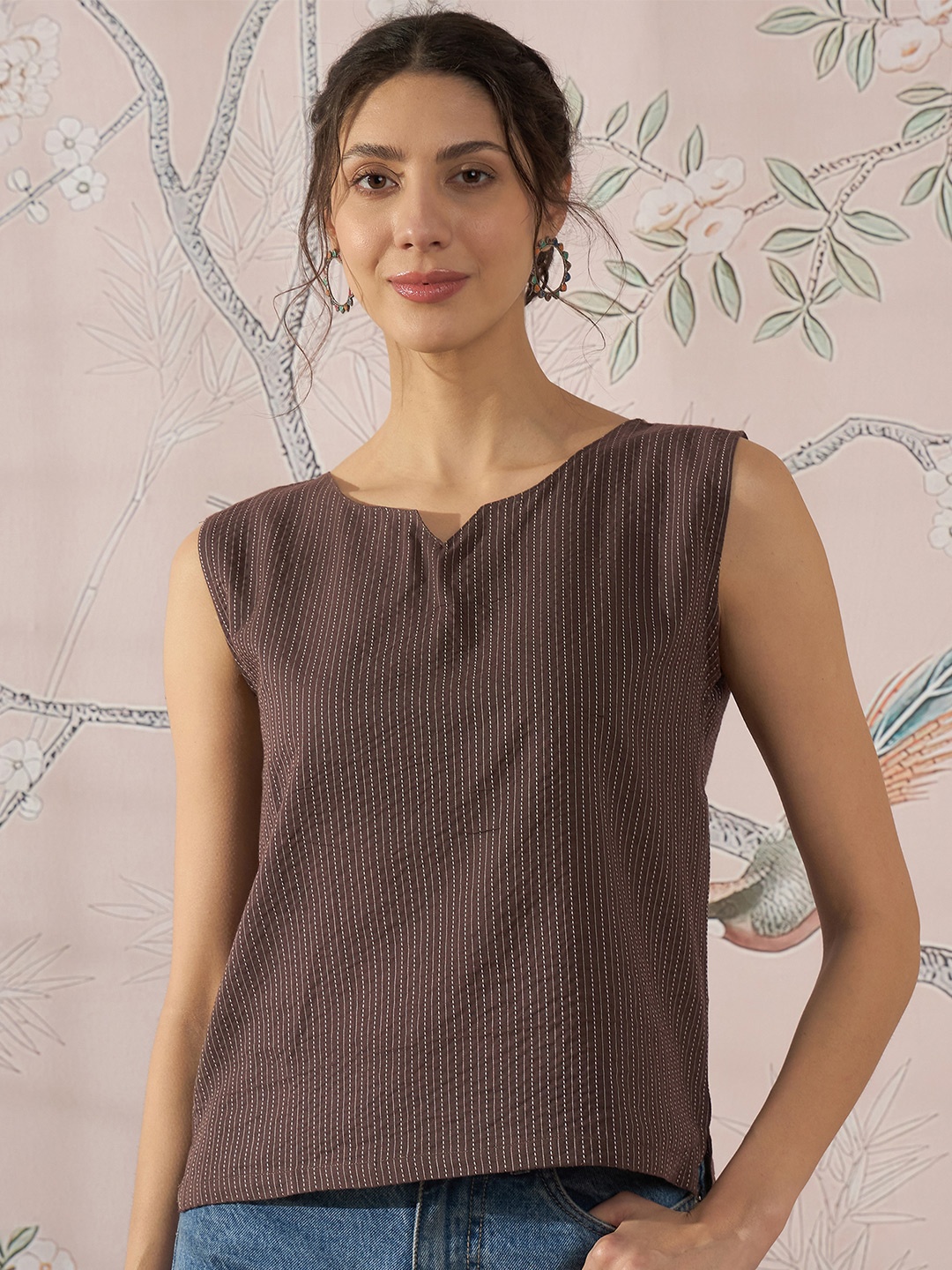 

InWeave Women Self Design Round Neck Sleeveless Cotton Top, Coffee brown