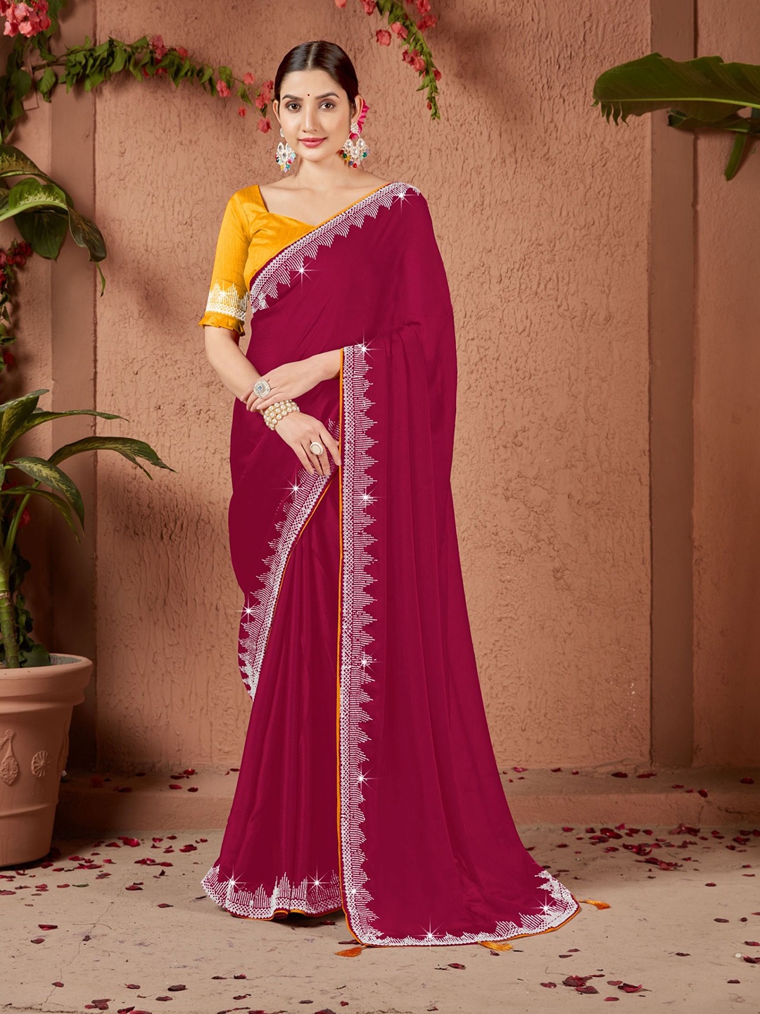 

PAYAL CREATION Sequinned Pure Georgette Maheshwari Saree, Magenta