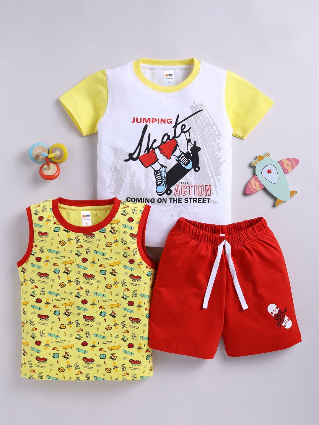 

LITTLE NINJA Boys Printed Round Neck Pure Cotton T-Shirt With Shorts & T-Shirt, White