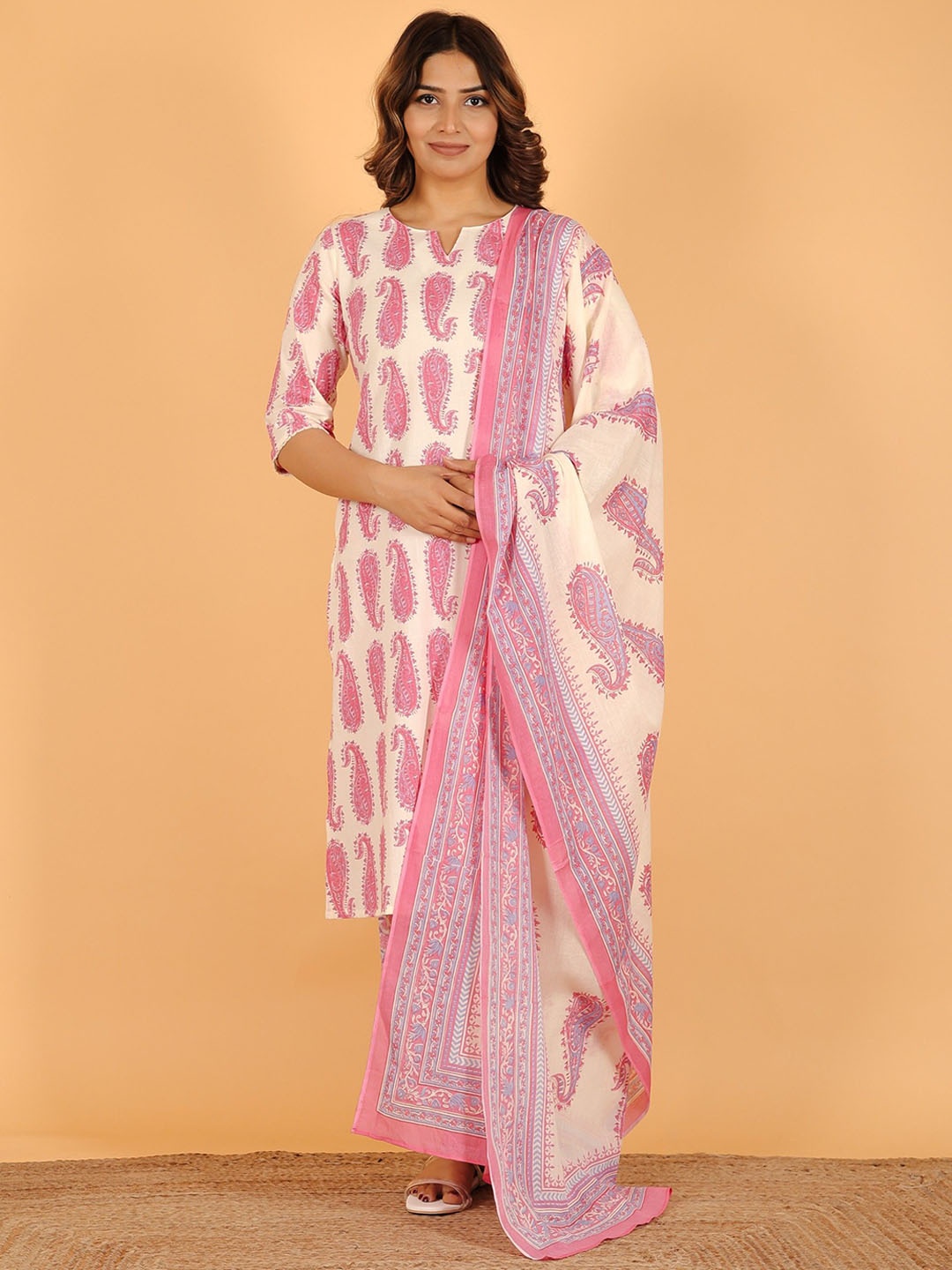 

Aramya Paisley Printed Notch Neck Pure Cotton Kurta With Trousers And Dupatta, Off white