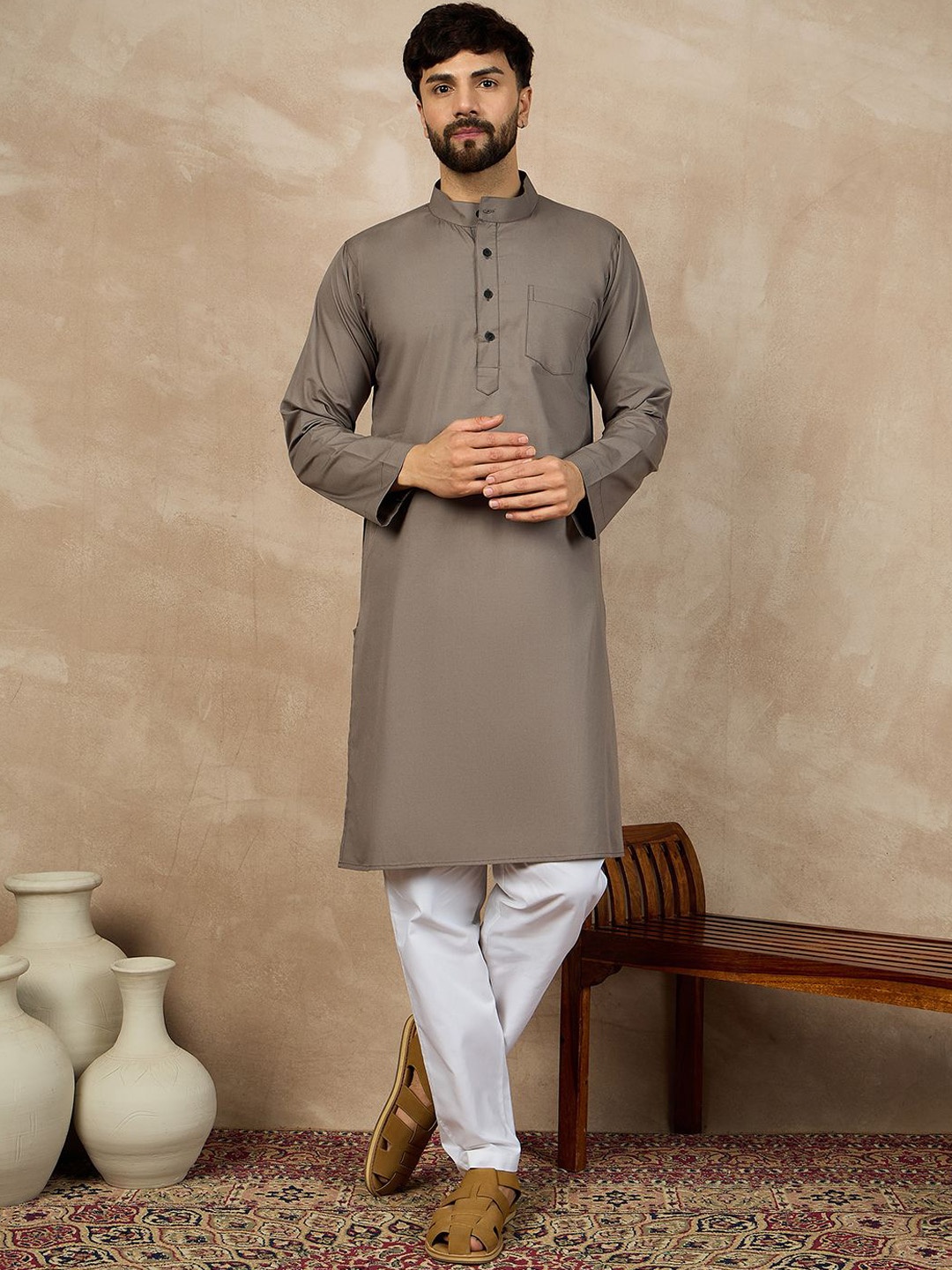 

NABIA Band Collar Pure Cotton Straight Kurta, Grey