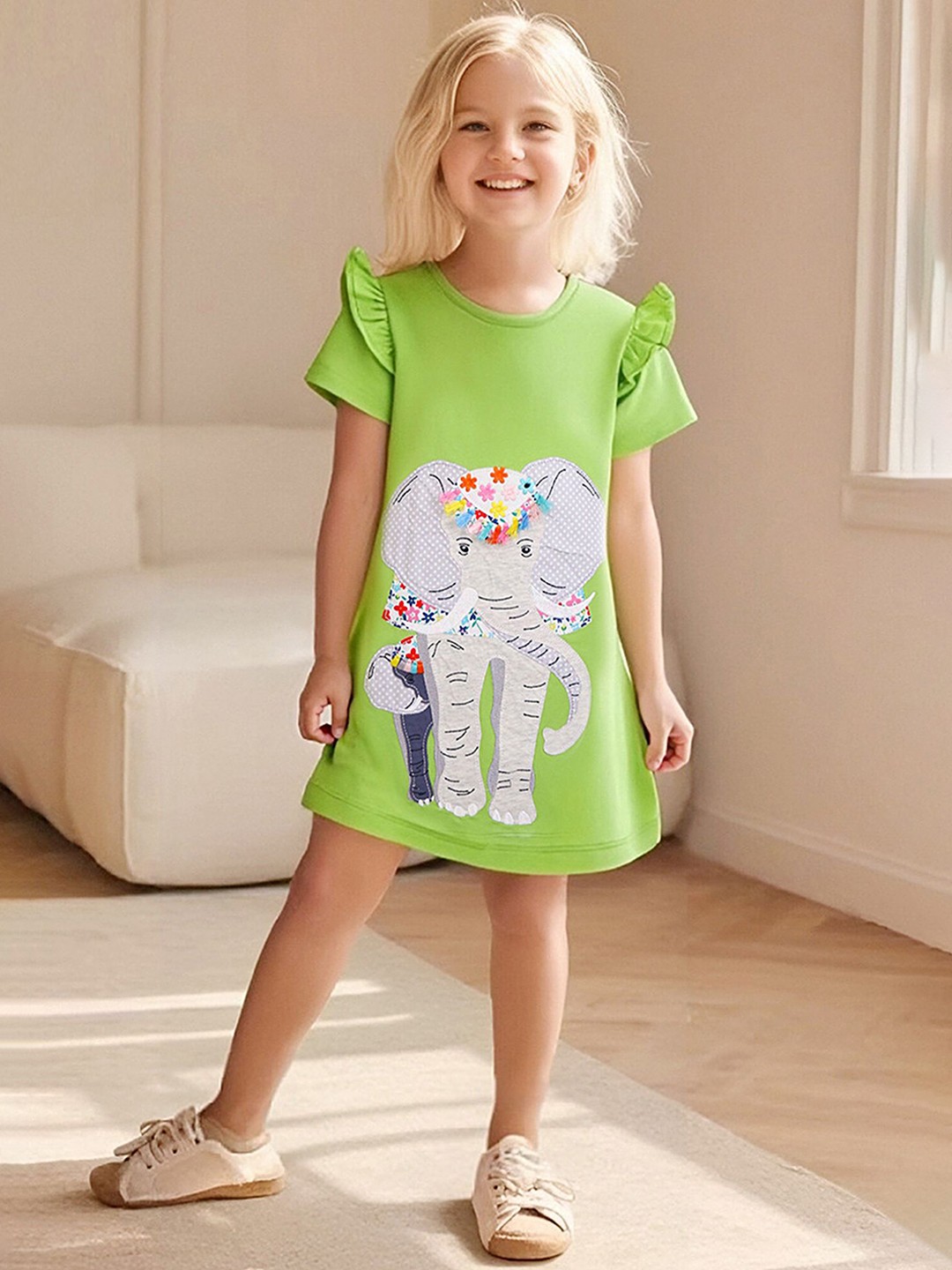 

LULU & SKY Girl Round Neck Short Sleeves Patch-work Knee Length Dress, Green