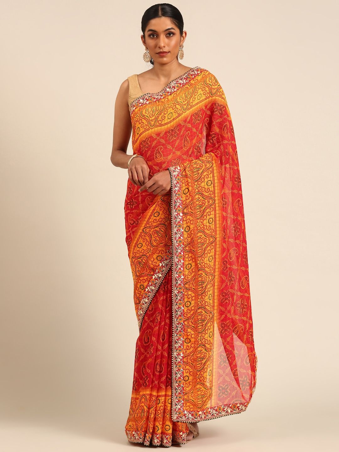 

LeeliPeeri Designer Bandhani Gotta Patti Poly Georgette Bandhani Saree, Red