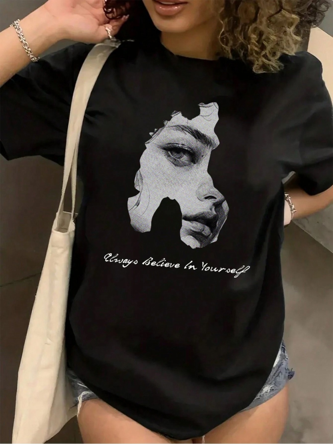

SXV STYLE Women Graphic Printed Round Neck Cotton Oversized T-shirt, Black