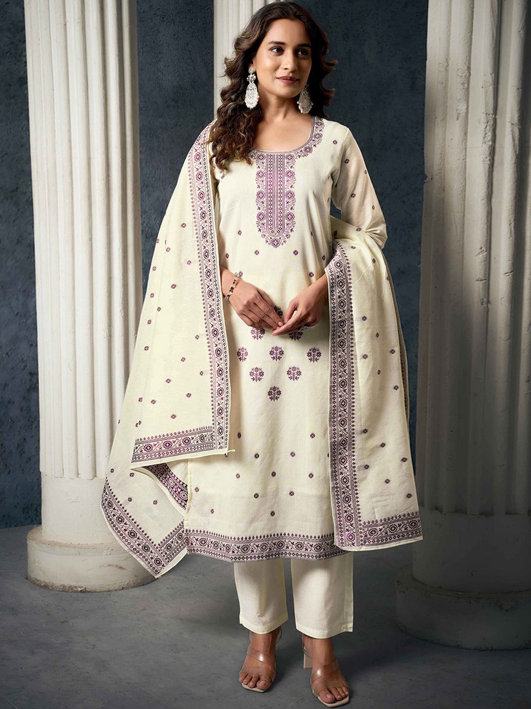 

Peachmode Floral Woven Design Pure Cotton Straight Kurta With Trousers And Dupatta, Off white