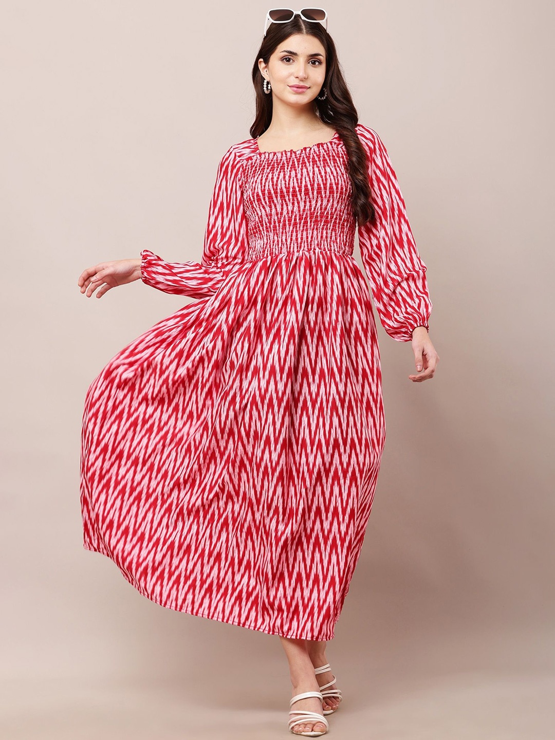 

Bright Nex Chevron Printed Puff Sleeve Smoked Detailing Fit & Flare Maxi Dress, Red
