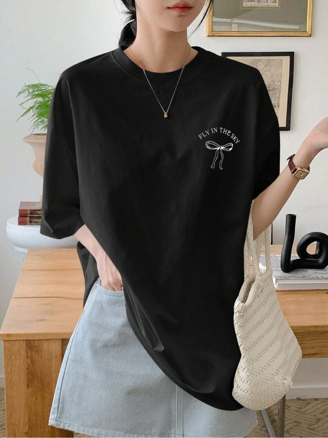 

SXV STYLE Women Graphic Printed Round Neck Cotton Oversized T-shirt, Black