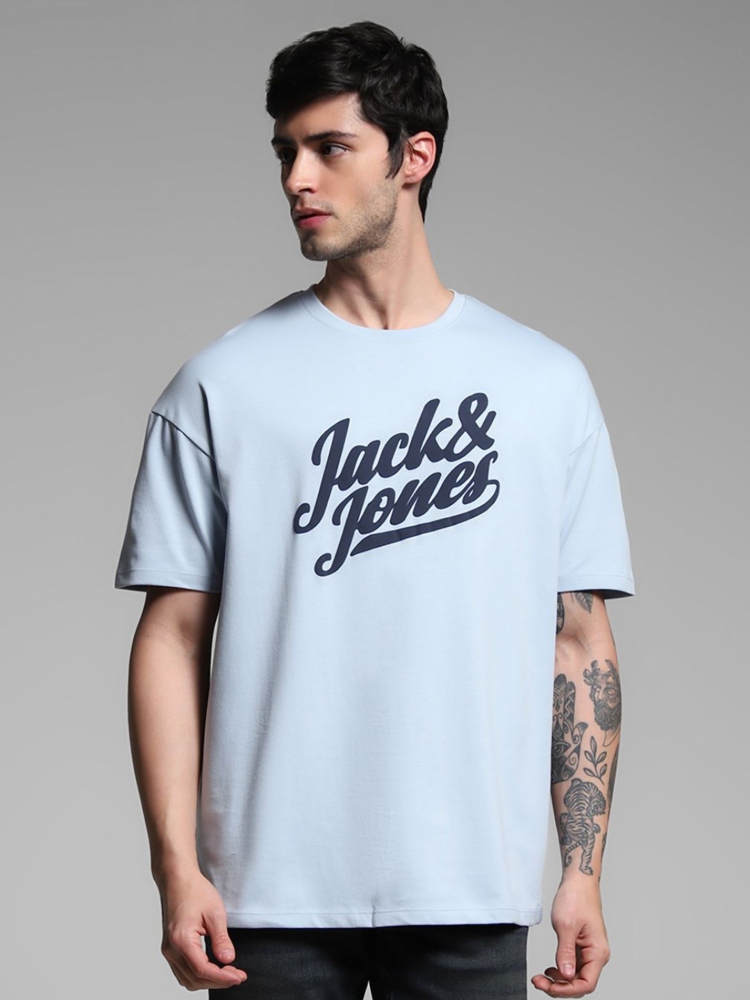 

Jack & Jones Men Typography Printed Round Neck Cotton Oversized T-shirt, Blue