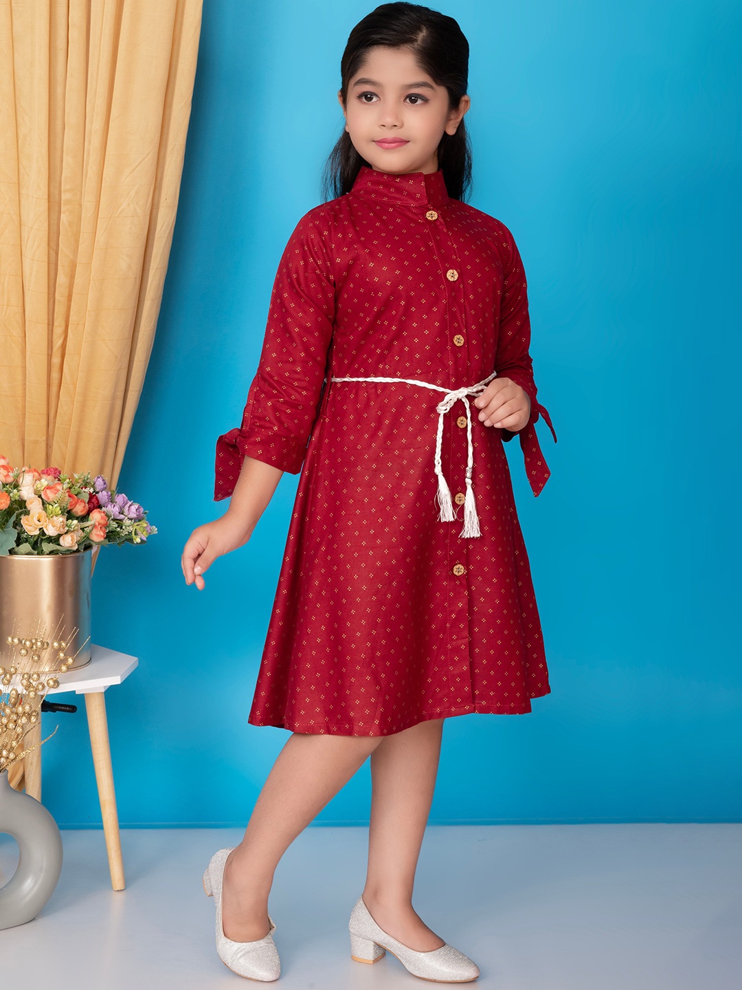 

BARKAT DESIGNING PLANET Girls Printed Tie-Ups Detail Cotton Shirt Dress, Maroon