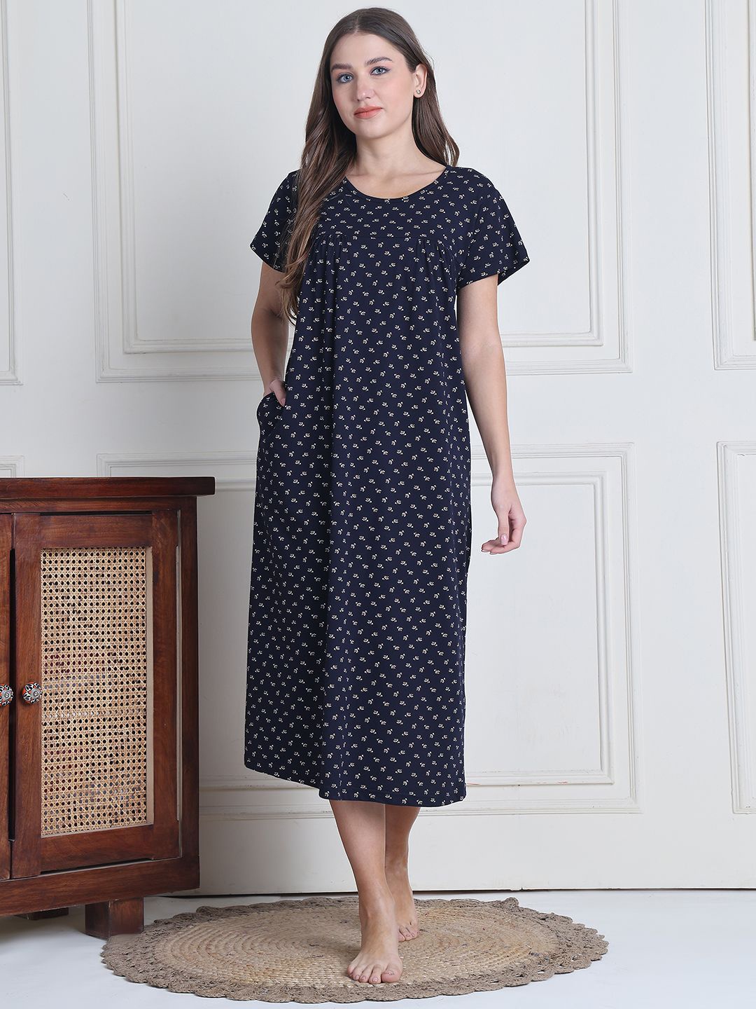 

Secret Wish Printed Hosiery Nighty, Navy blue