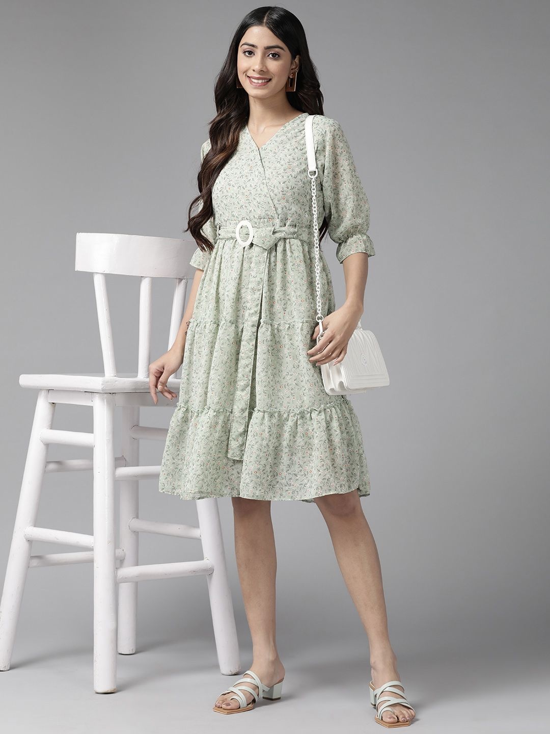 

CORSICA Print Georgette A-Line Dress, Green