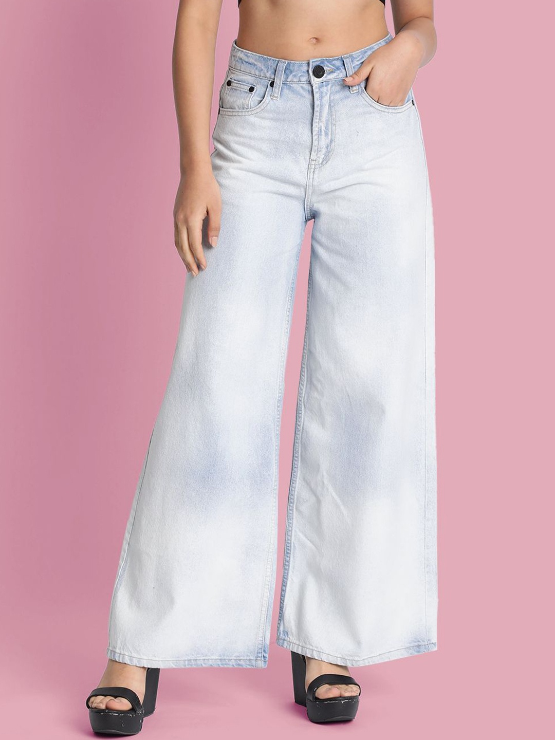 

Bene Kleed Women Wide Leg High-Rise Light Fade Cotton Jeans, Blue