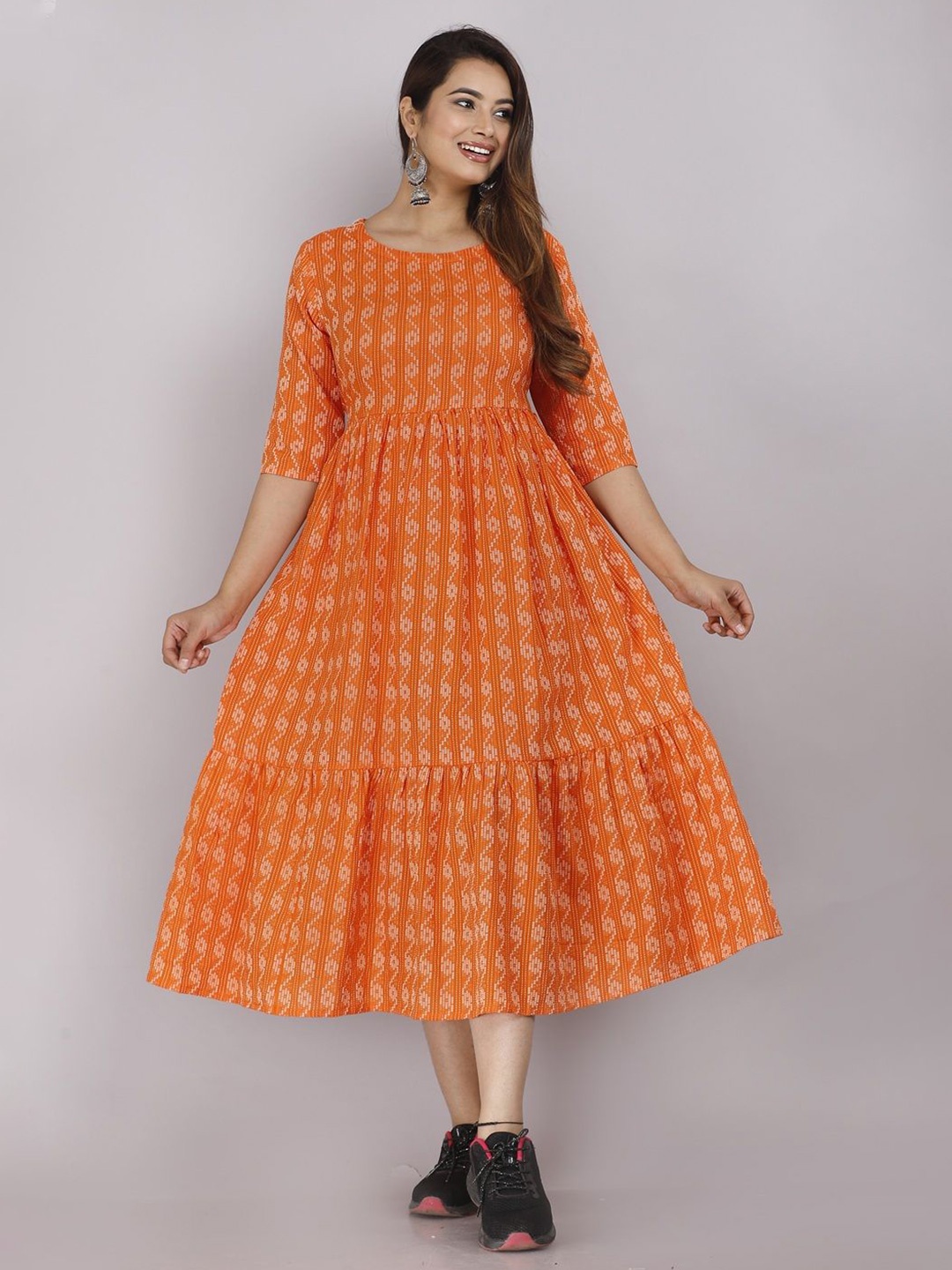 

Demirner Women Cotton Printed Fit & Flare Midi Dress, Orange