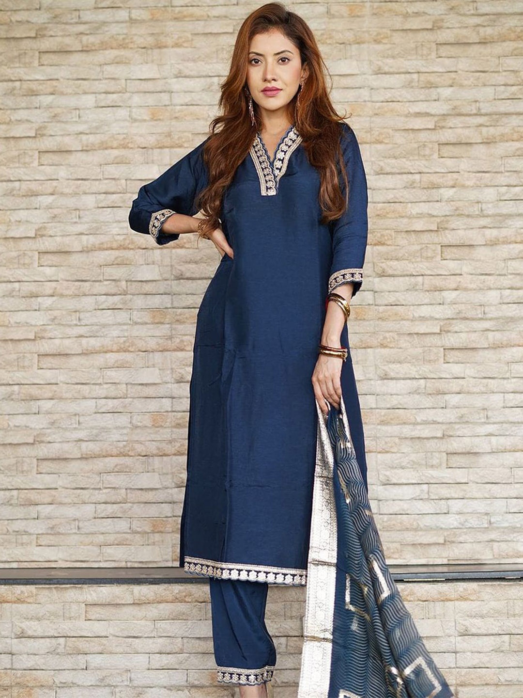 

GUNVANTI FAB Bella Floral Yoke Design Chanderi Silk Straight Kurta With Trousers & Dupatta, Blue