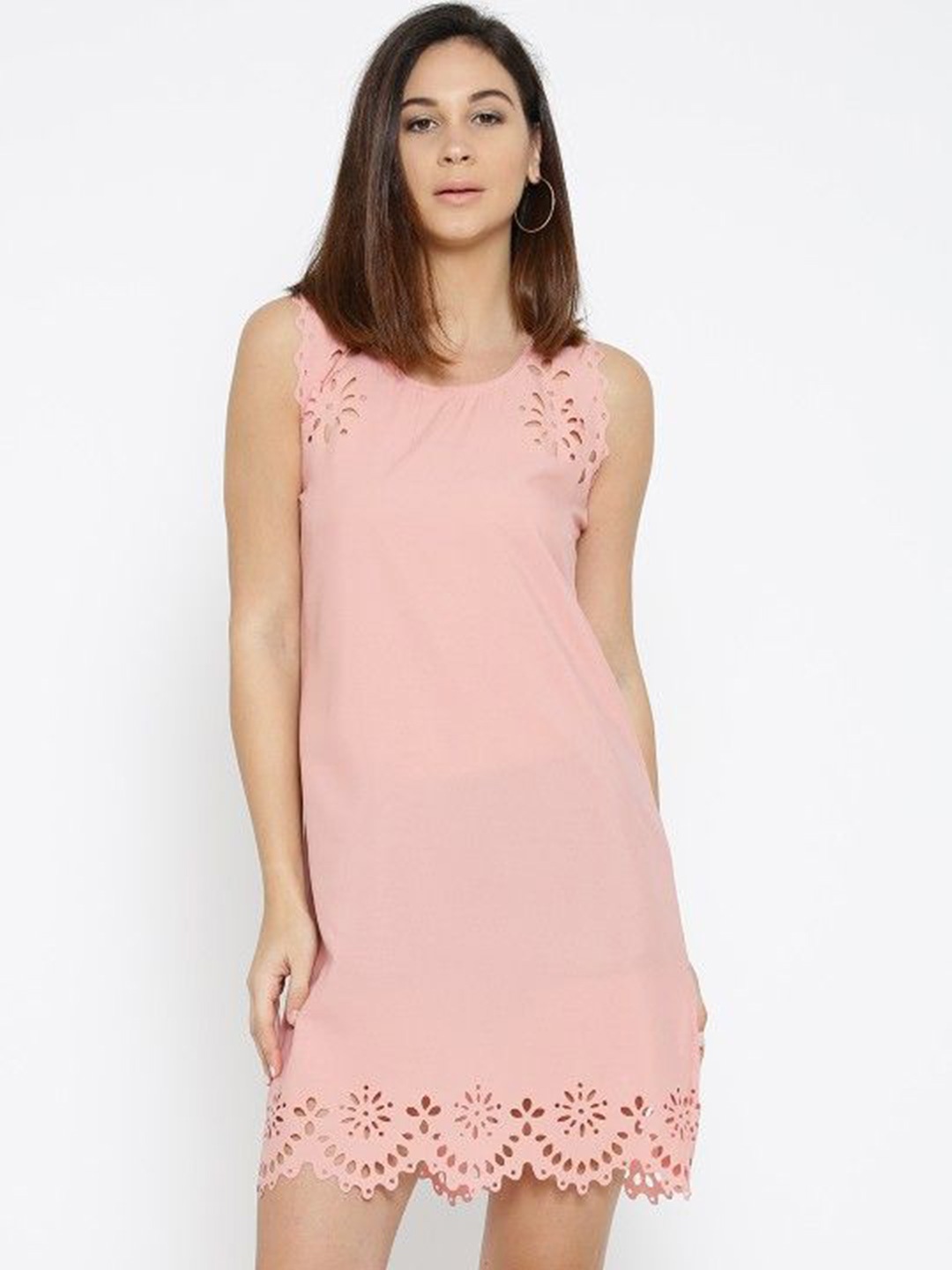 

Moda Rapido Round Neck Sleeveless Crepe Shift Dress With Cut-Outs, Pink
