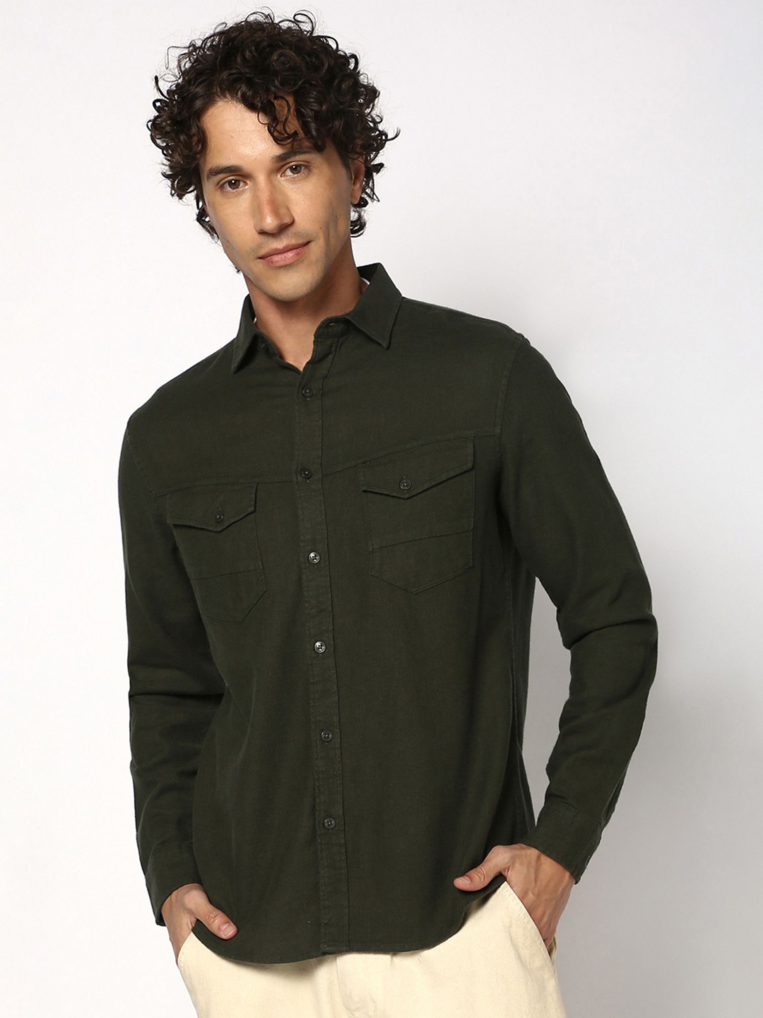 

Blue Buddha Men Relaxed Fit Spread Collar Solid Cotton Casual Shirt, Olive