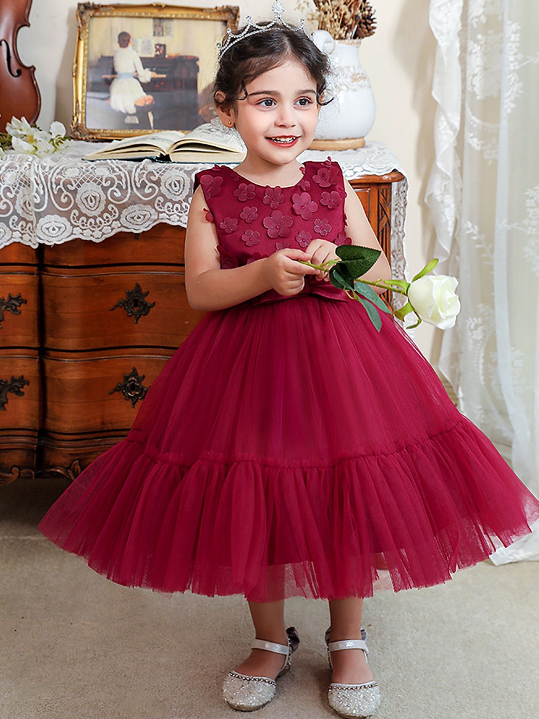 

LULU & SKY Girls Floral Applique Fit And Flare Tulle Dress, Red