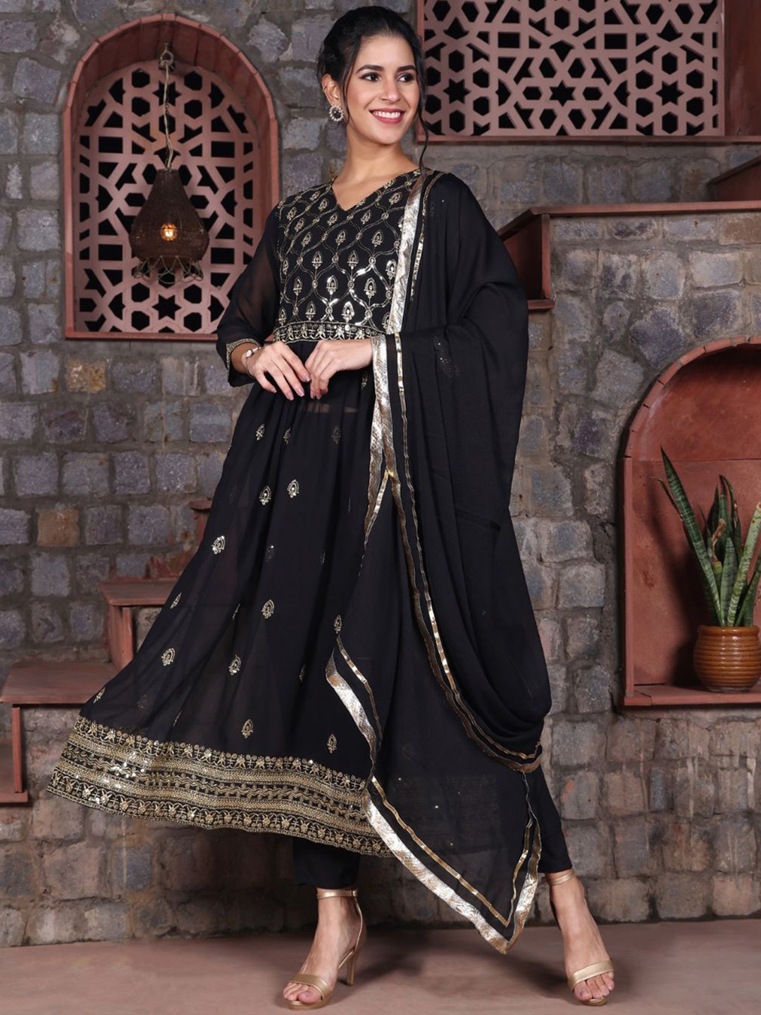 

KALINI Women Ethnic Motifs Embroidered V-Neck Anarkali Kurta with Trousers And Dupatta, Black