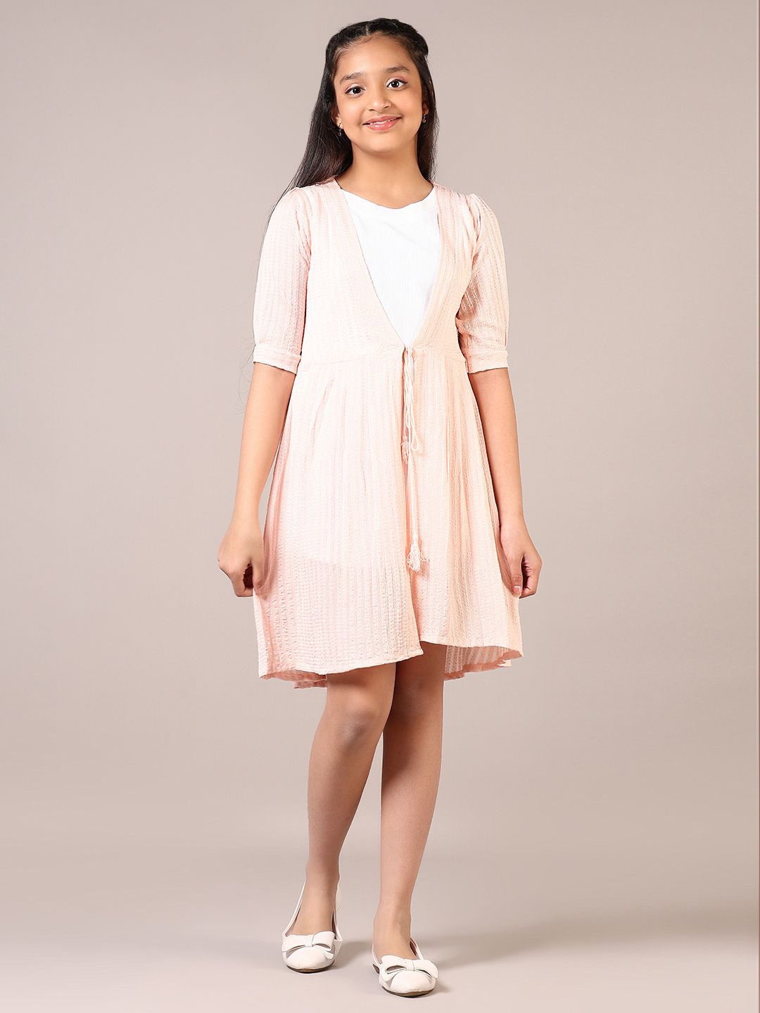 

V-Mart Girl Puff Sleeves Cotton Fit & Flare Dress, Peach