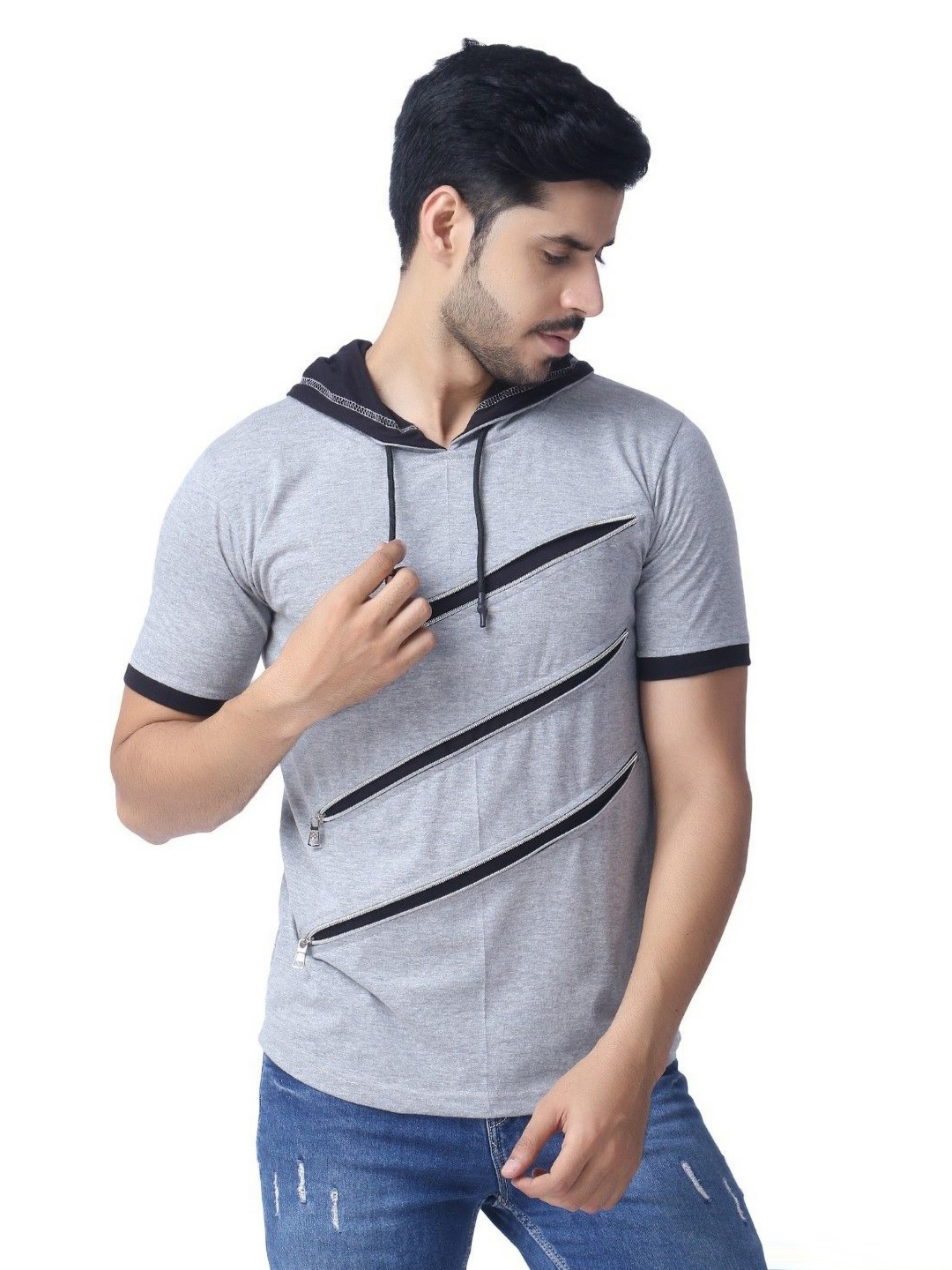 

Black Collection Men Solid Hooded Cotton Slim Fit T-shirt, Grey