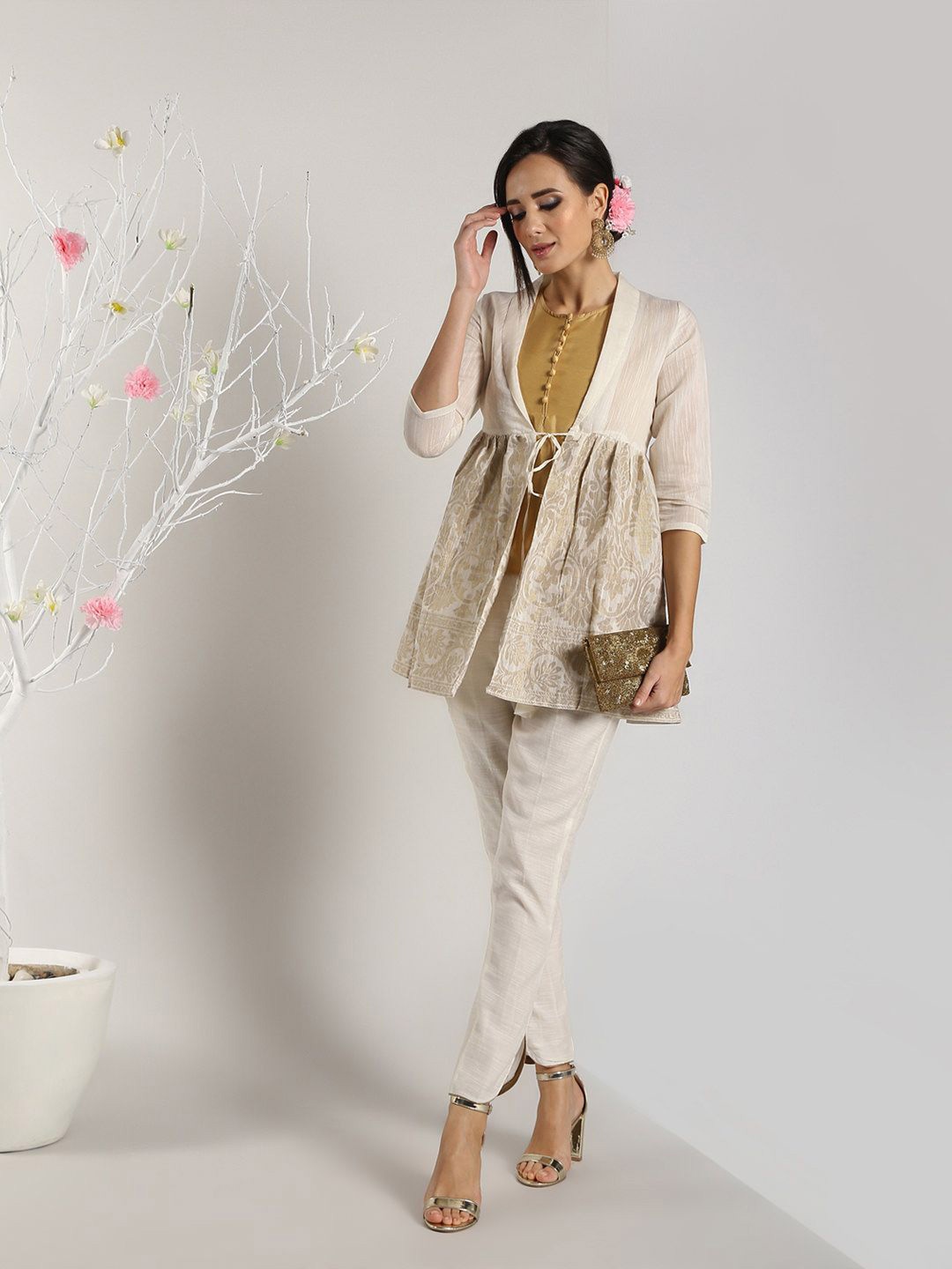 

Abhishti Women Taupe Cotton Peplum Jacket With Top, White