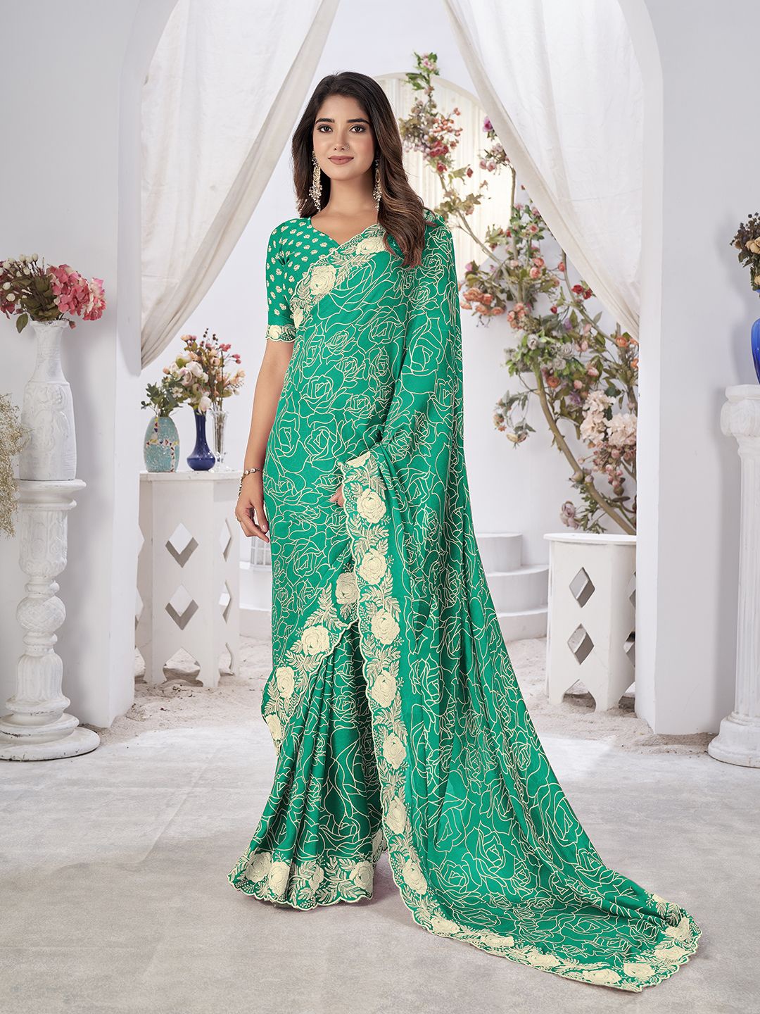 

all about you Embroidered Poly Georgette Designer Saree, Green