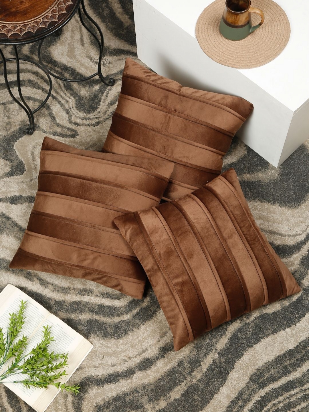 

SOKNACK Coffee Brown 3 Pieces Striped Velvet Square Cushion Covers