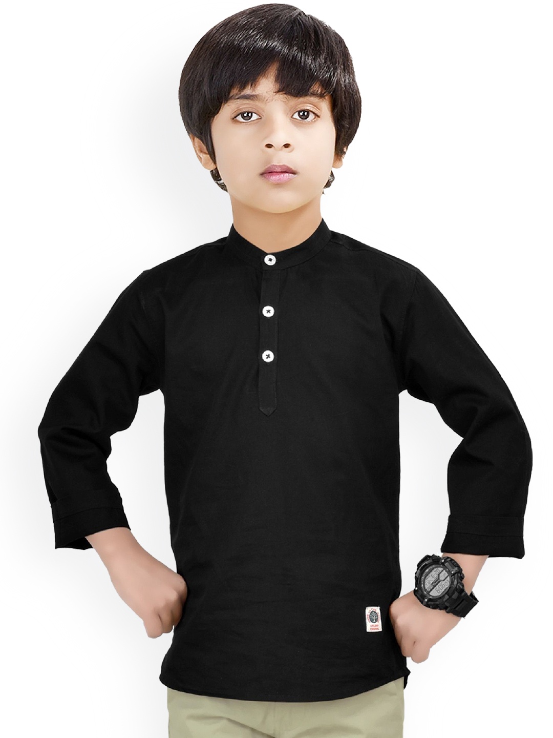 

MADE IN THE SHADE Boys Mandarin Collar Pure Cotton Short Kurta, Black