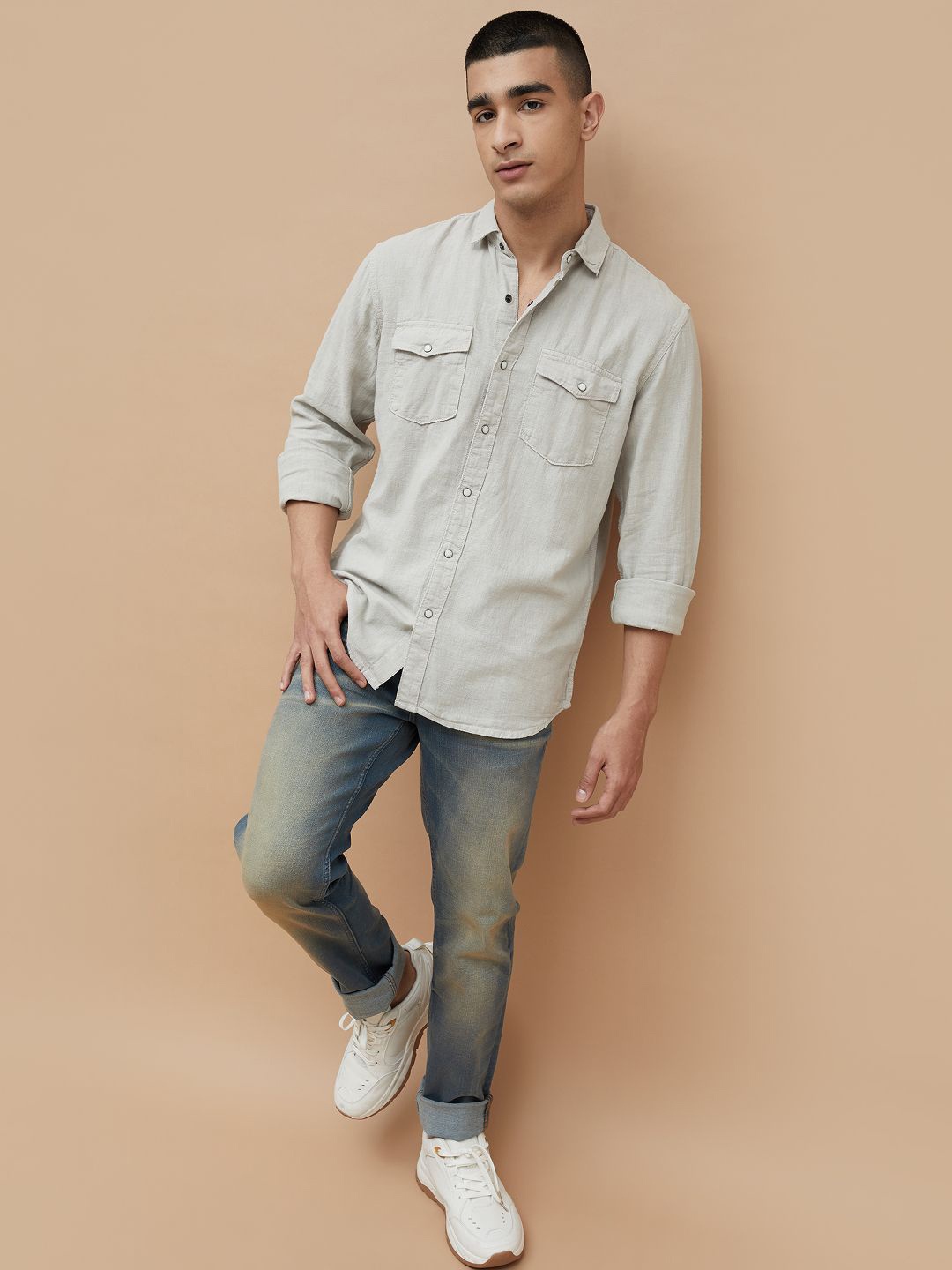 

Forca Men Spread Collar Solid Cotton Casual Shirt, Grey