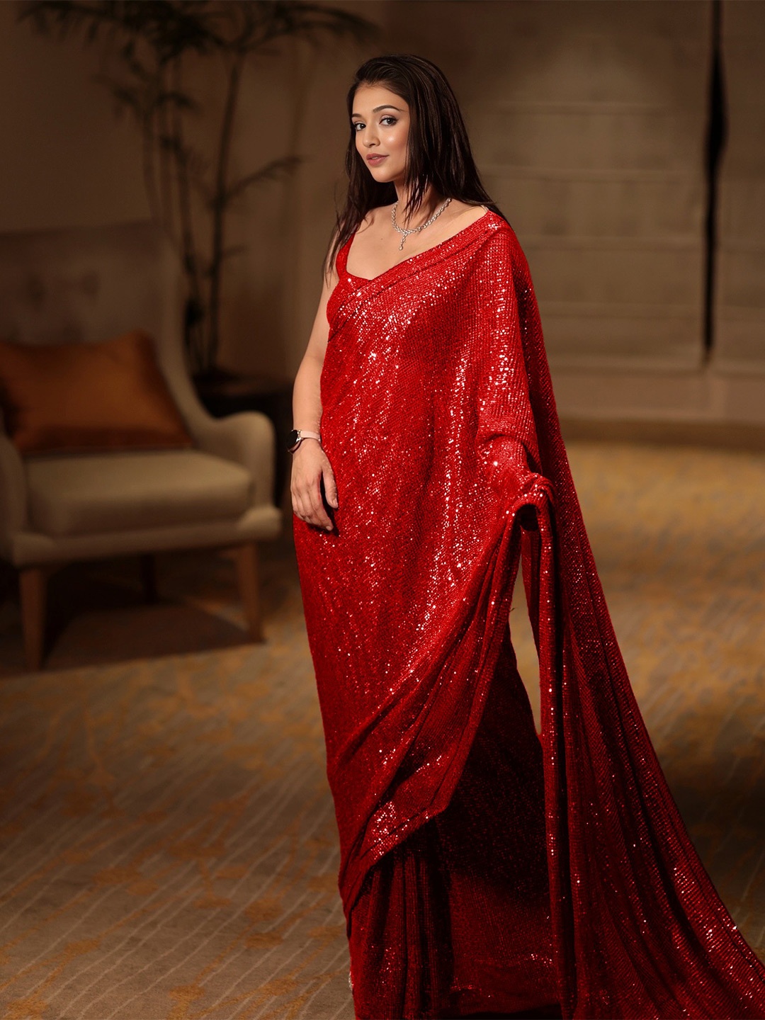 

ANJANI TEXTILE Embellished Sequinned Poly Georgette Heavy Work Saree, Red