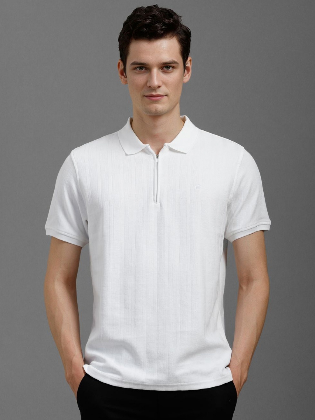 

Louis Philippe Men Self Design Polo Collar Cotton Slim Fit T-shirt, White