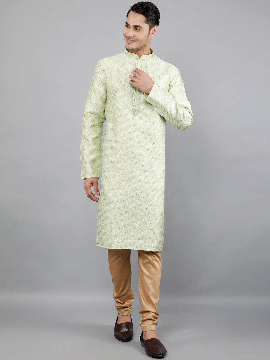 

Manish Creations Geometric Woven Design Mandarin Collar Jacquard Kurta With Churidar, Sea green