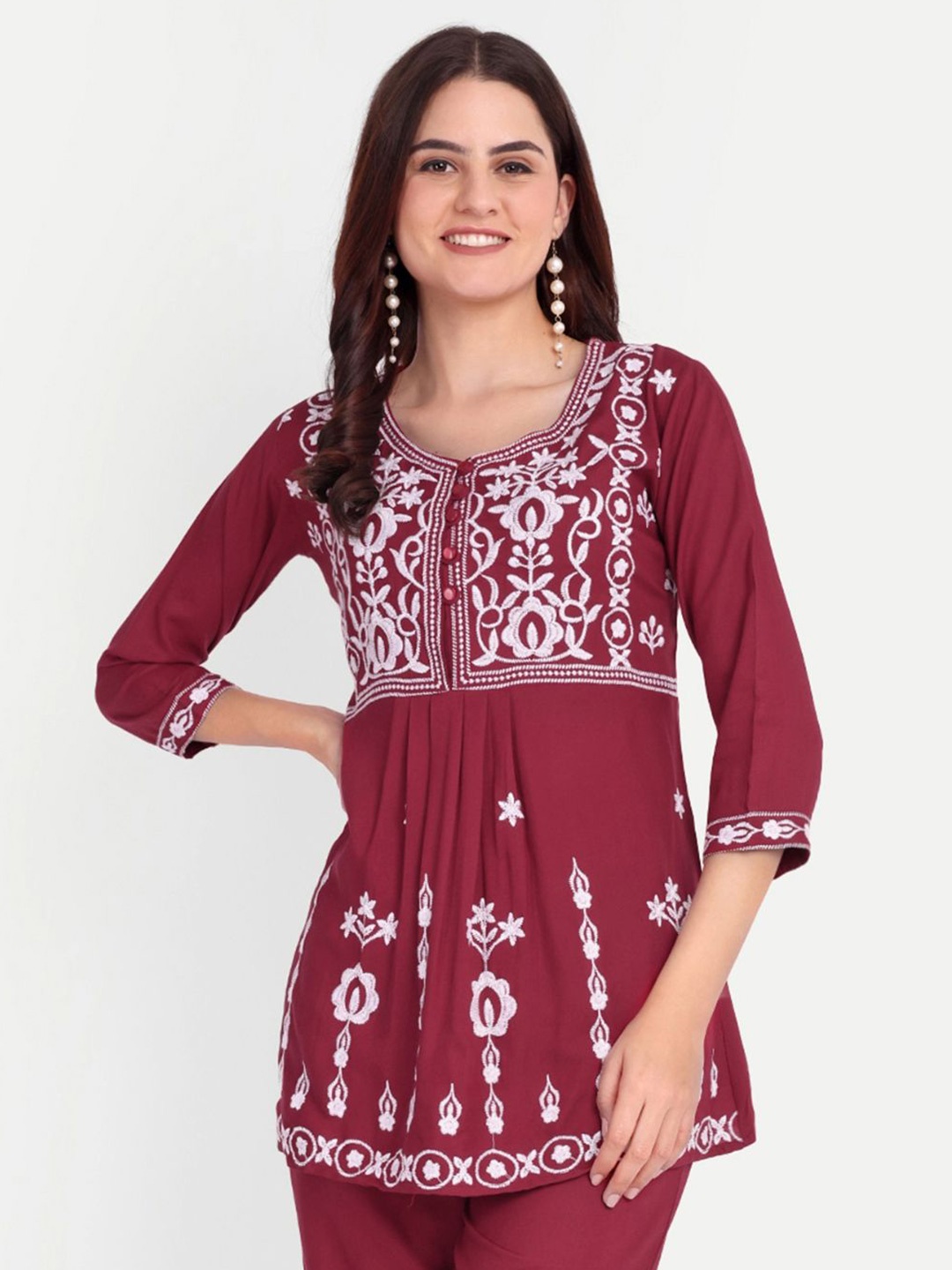 

FNOCKS Embroidered Applique Organic Cotton Peplum Top, Maroon