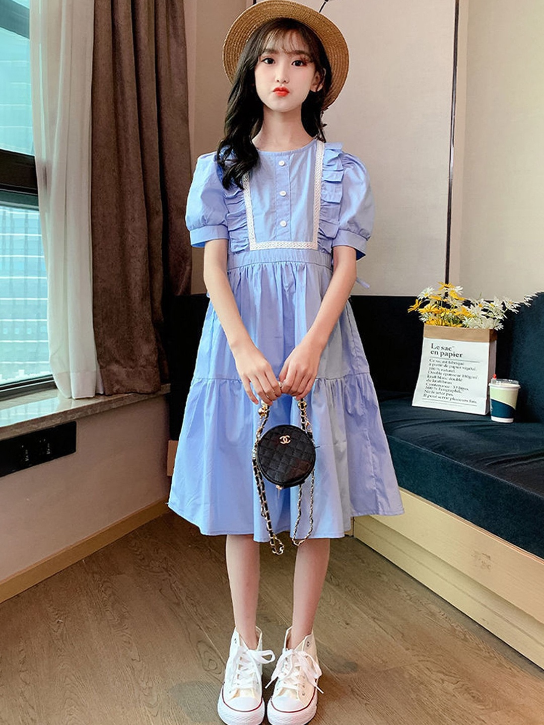 

LULU & SKY Girls Round Neck Fit & Flare Dress, Blue