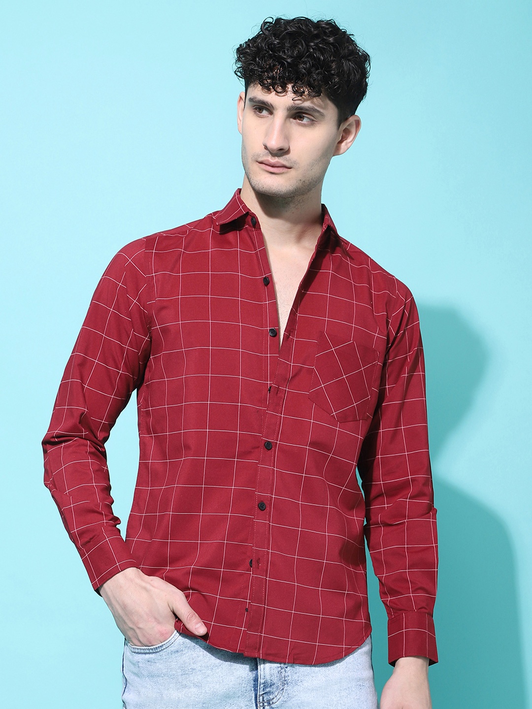 

Metronaut Men Regular Fit Spread Collar Windowpane Checked Cotton Casual Shirt, Red