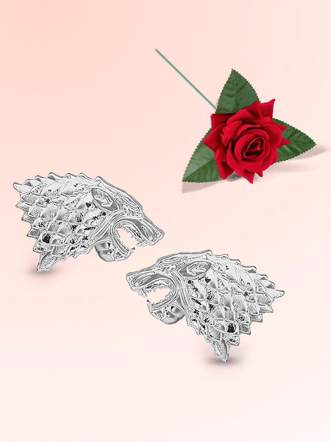 

Peora Game of Thrones Stark Direwolf Contemporary Cufflink With Red Rose, Silver