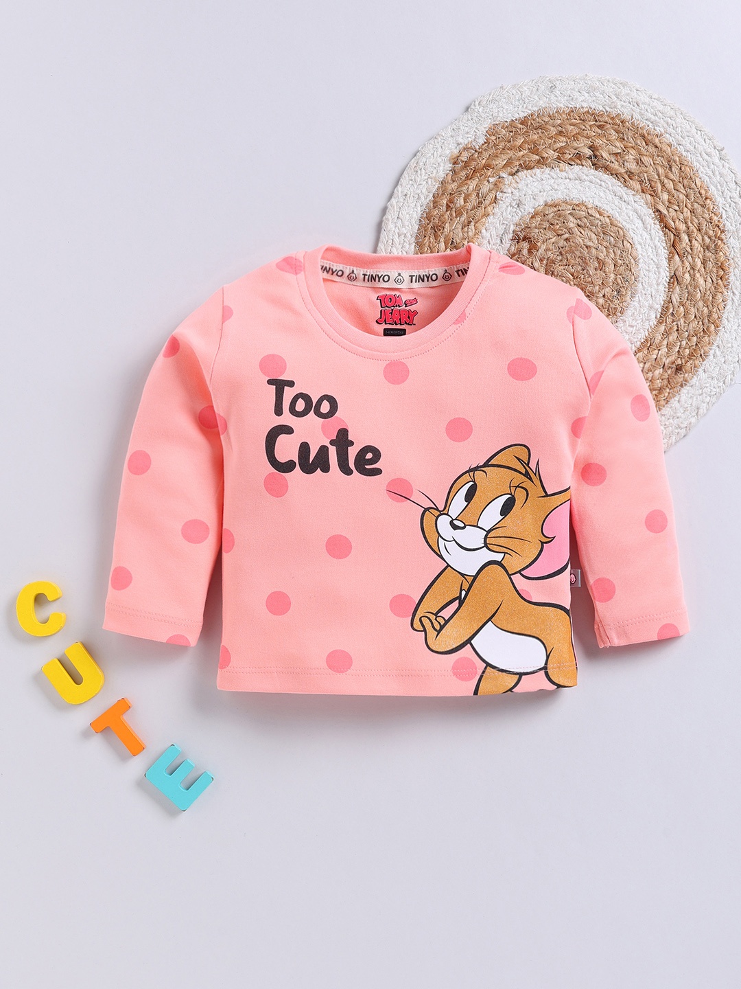 

YK X Tinyo Infant Girls Tom & Jerry Printed Cotton T-shirt, Peach