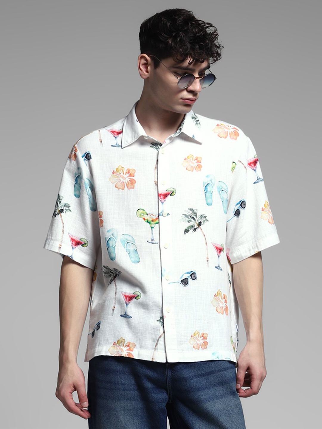 

Jack & Jones Men Relaxed Fit Spread Collar Floral Printed Cotton Casual Shirt, White