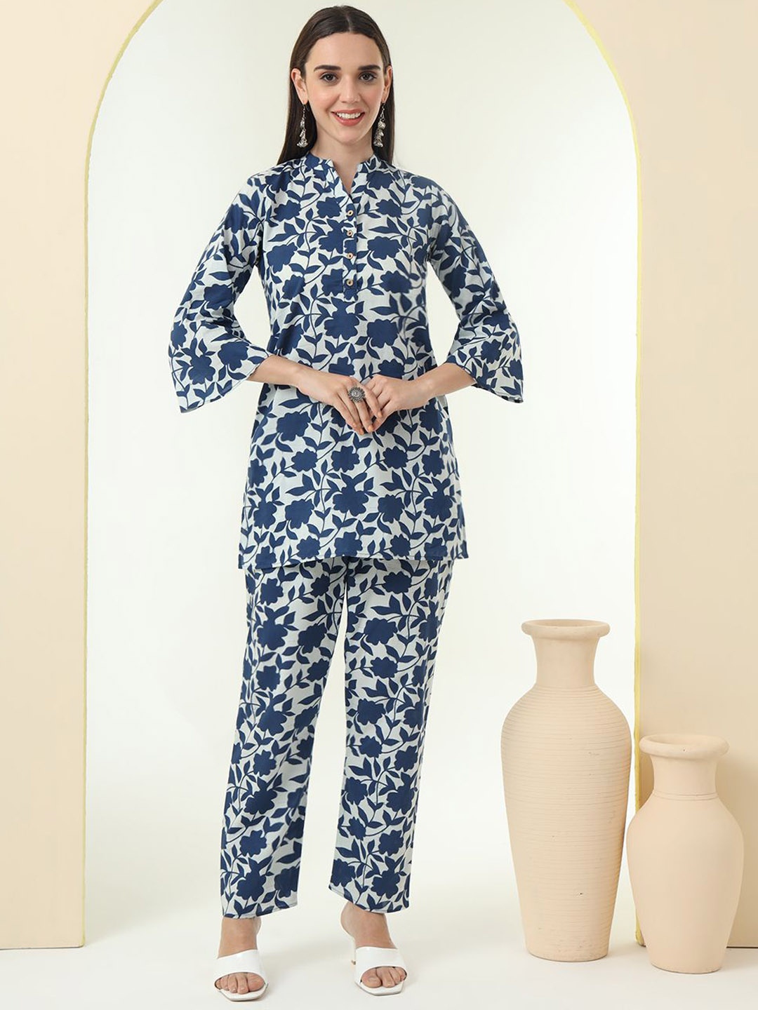 

Tissu Floral Printed Pure Cotton Tunic With Trousers Co-Ords, White