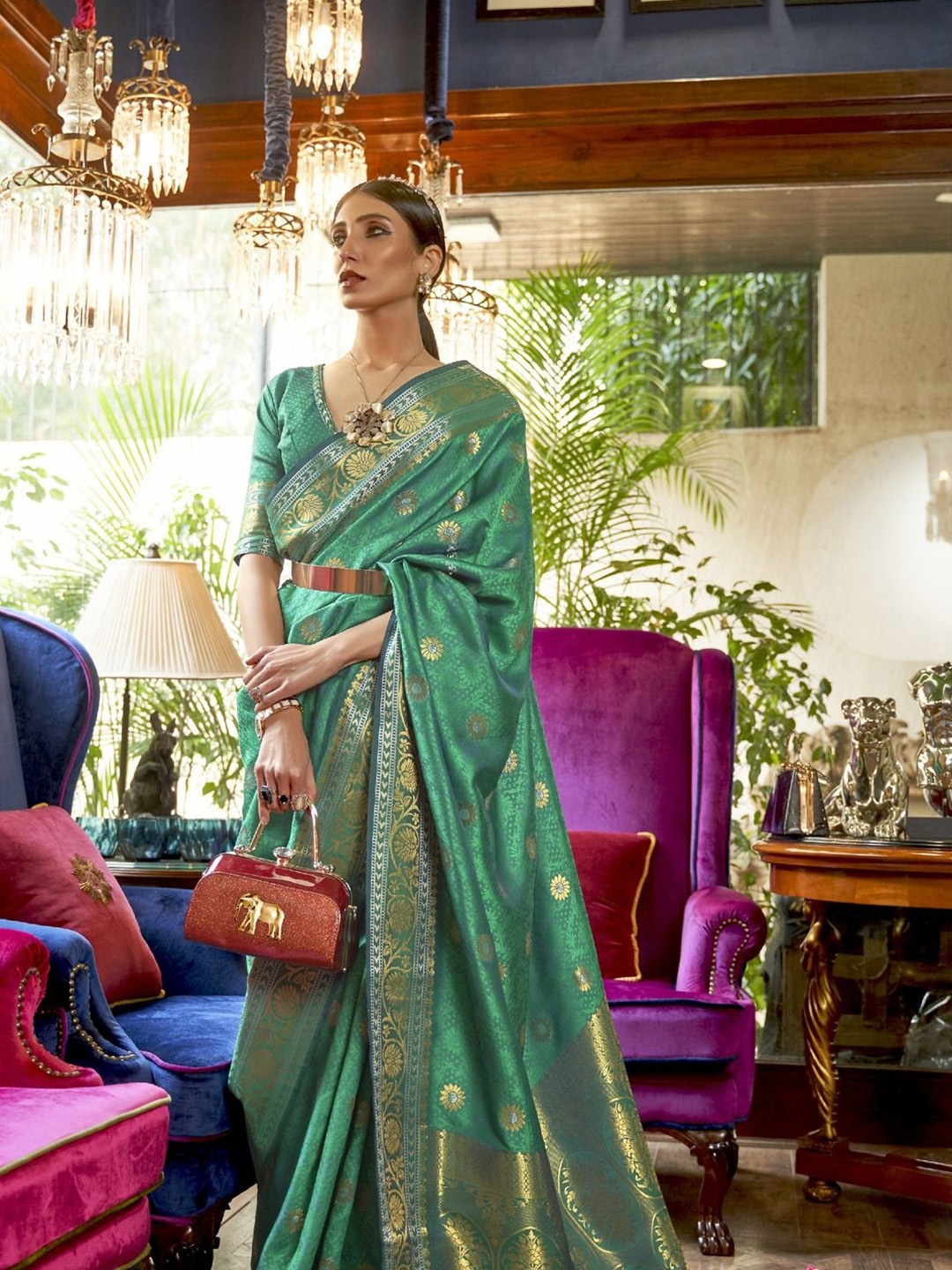 

Anouk Woven Design Zari Silk Blend Banarasi Saree, Teal