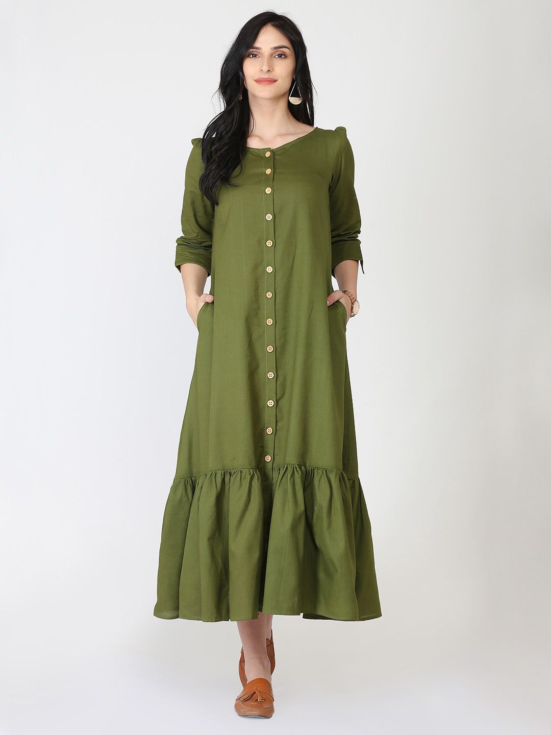 

Abhishti Olive Cotton Linen Button Down Dress