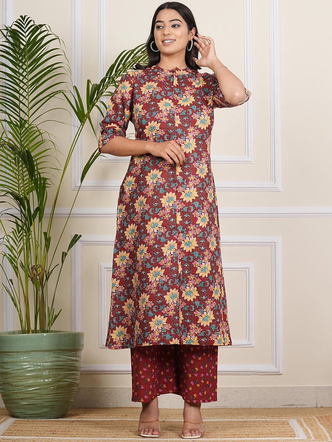 

Be You Floral Printed Band Collar A-line Kurta With Palazzos, Maroon