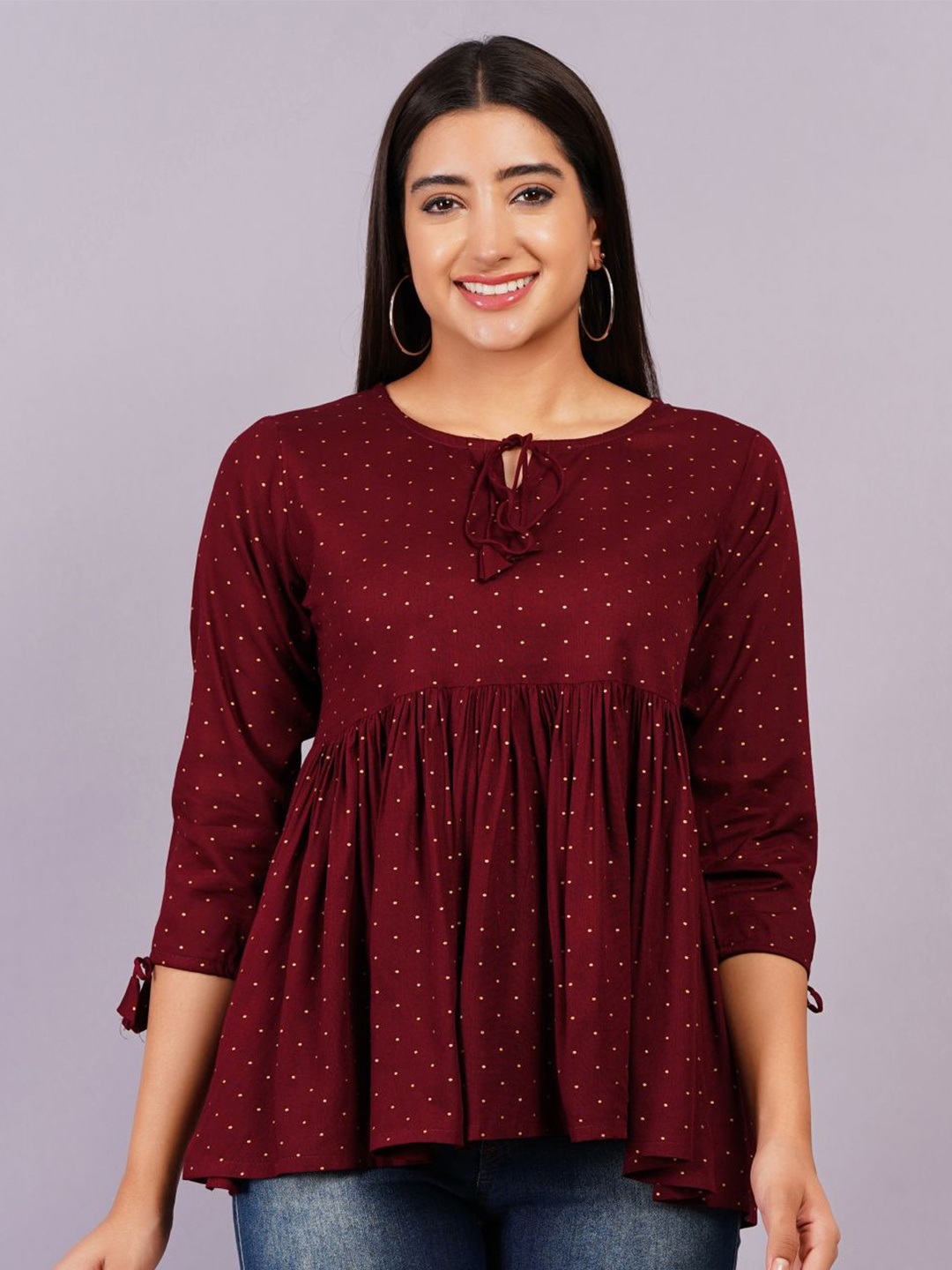 

HIGHLIGHT FASHION EXPORT Women Polka Dots Printed Tie-Up Neck Top, Maroon