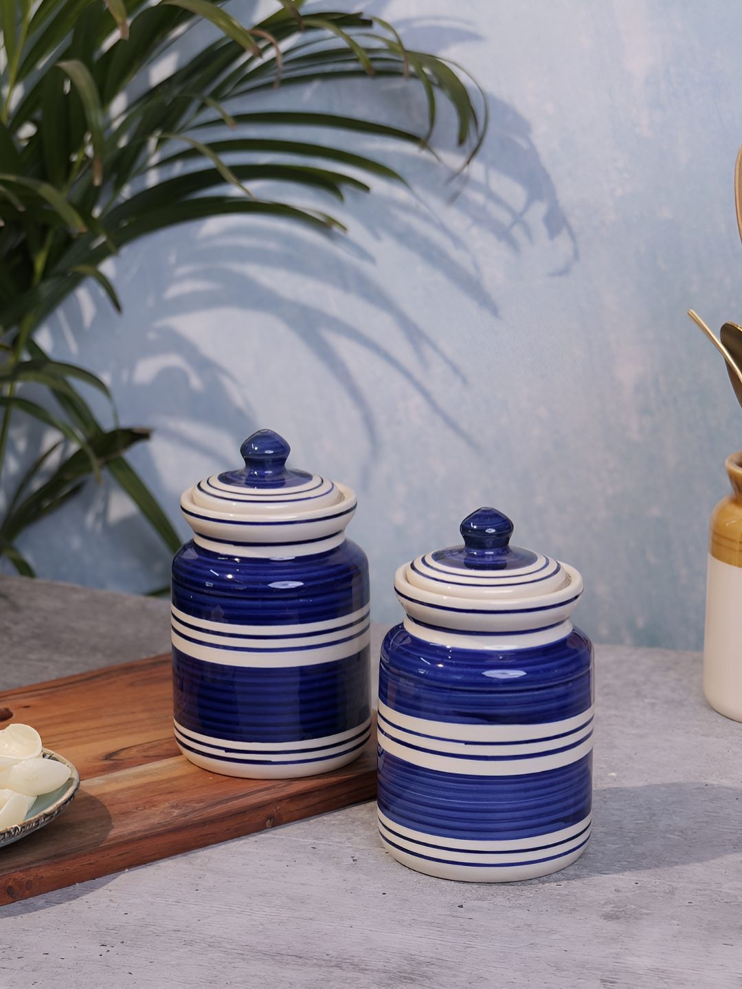 

Myntra Elegant Homes Blue & White 2 Pieces Striped Ceramic Jar Containers 600ml